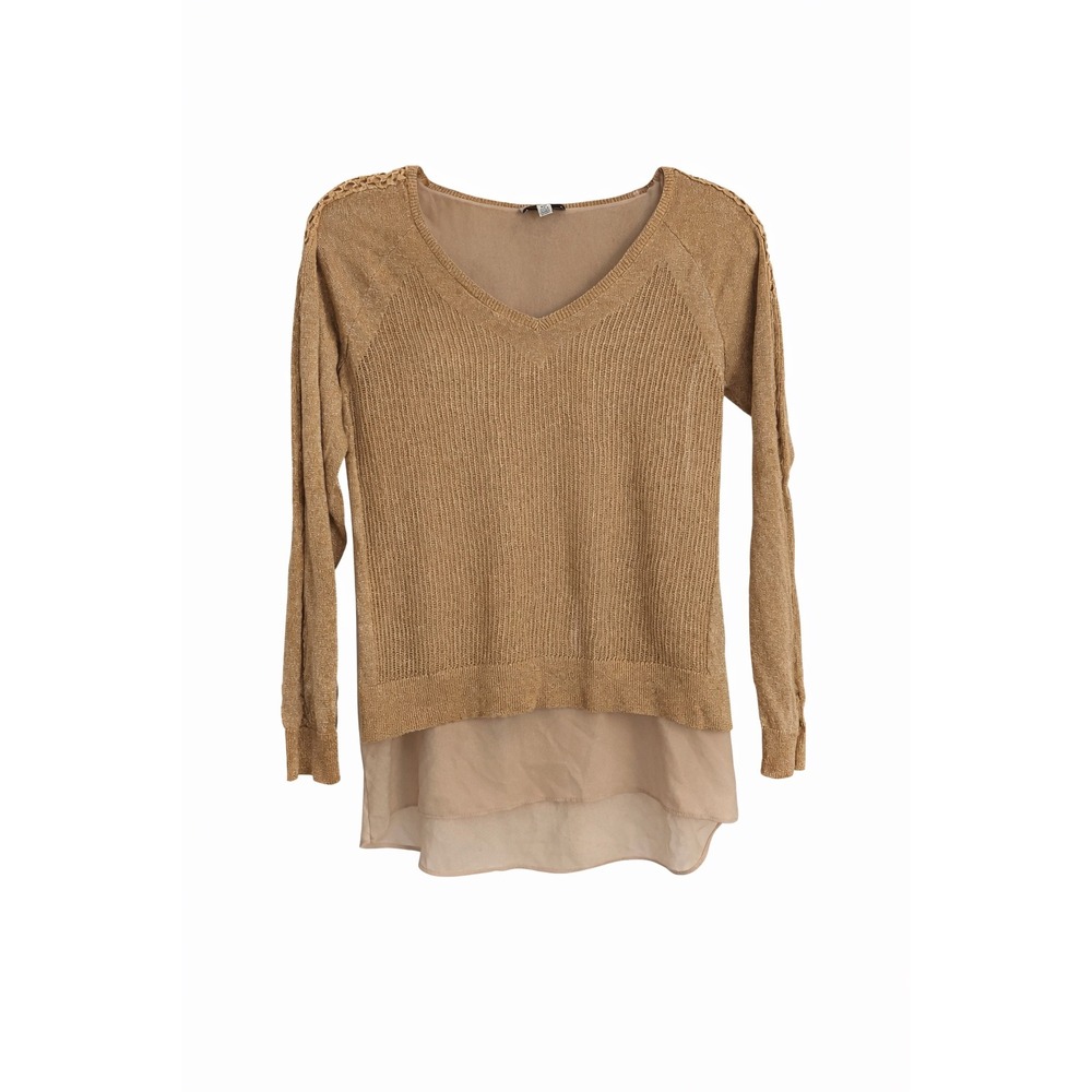 Lucky Brand Mixed Media Sweater | Size Medium | Gold Knit with Chiffon Layer